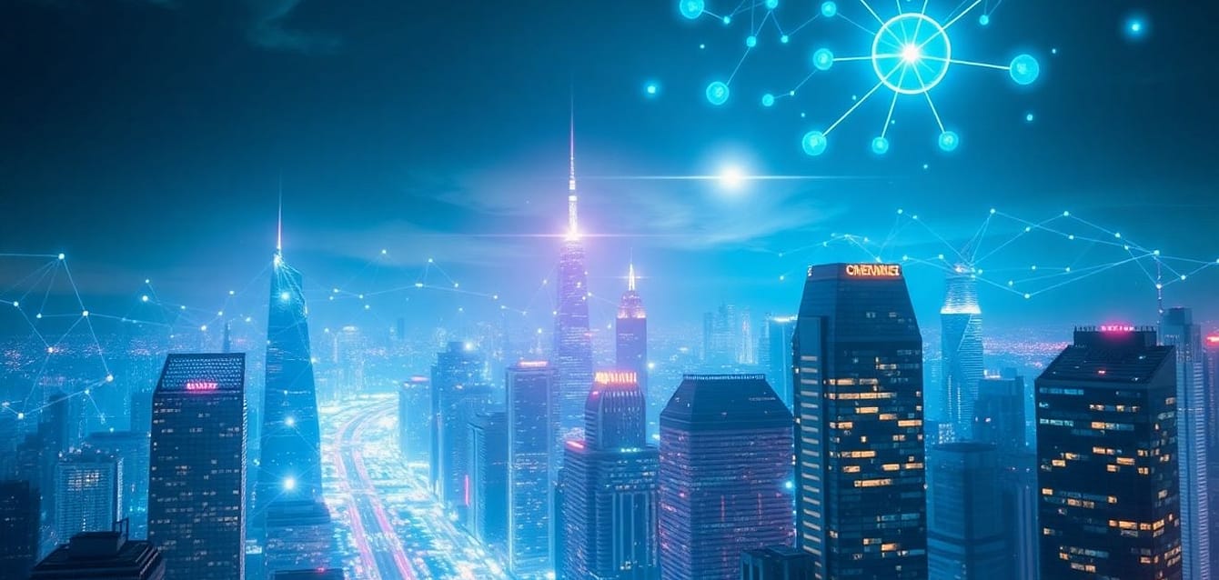 Futuristic city with data streams and AI patterns.